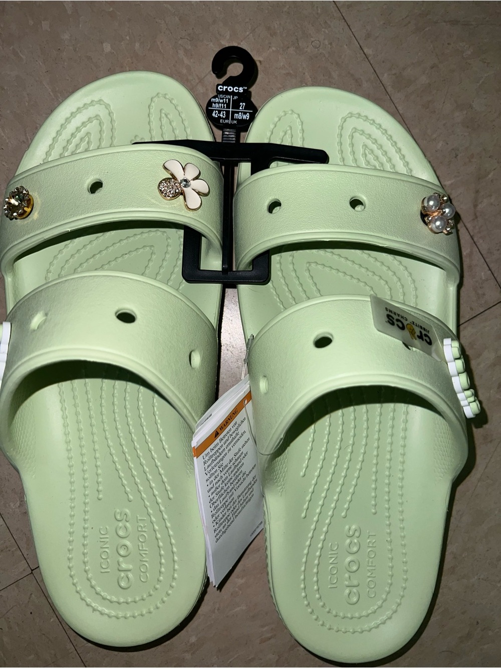 CROCS Women's Mint Green Double Strap Slide Sandals with Charms